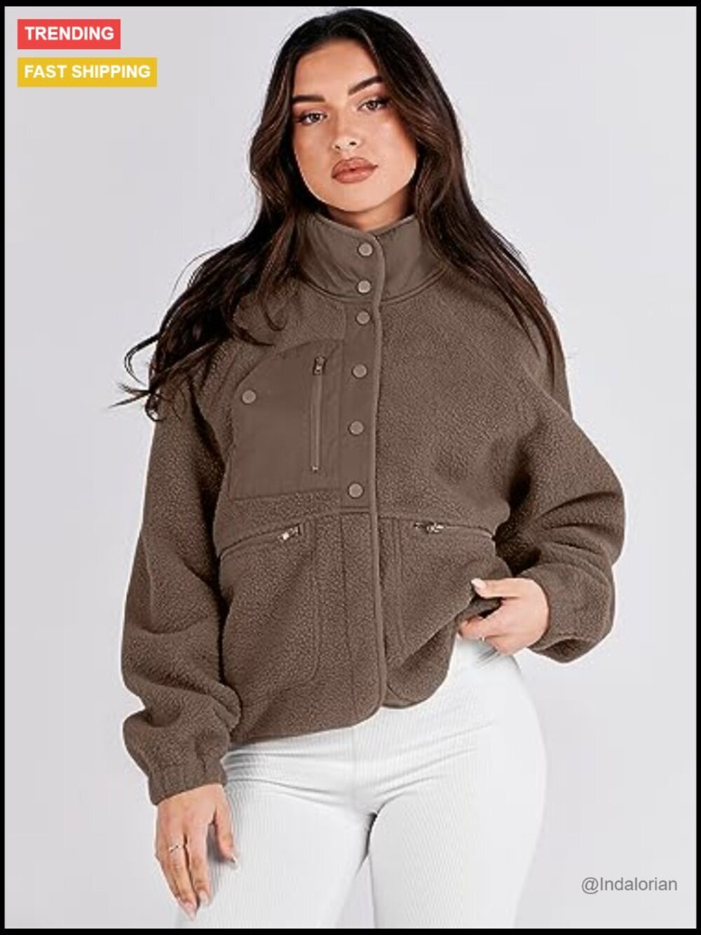 Fleece Jacket Long Sleeve Cropped Sherpa Button Down Shacket With Pockets - Picture 4 of 7